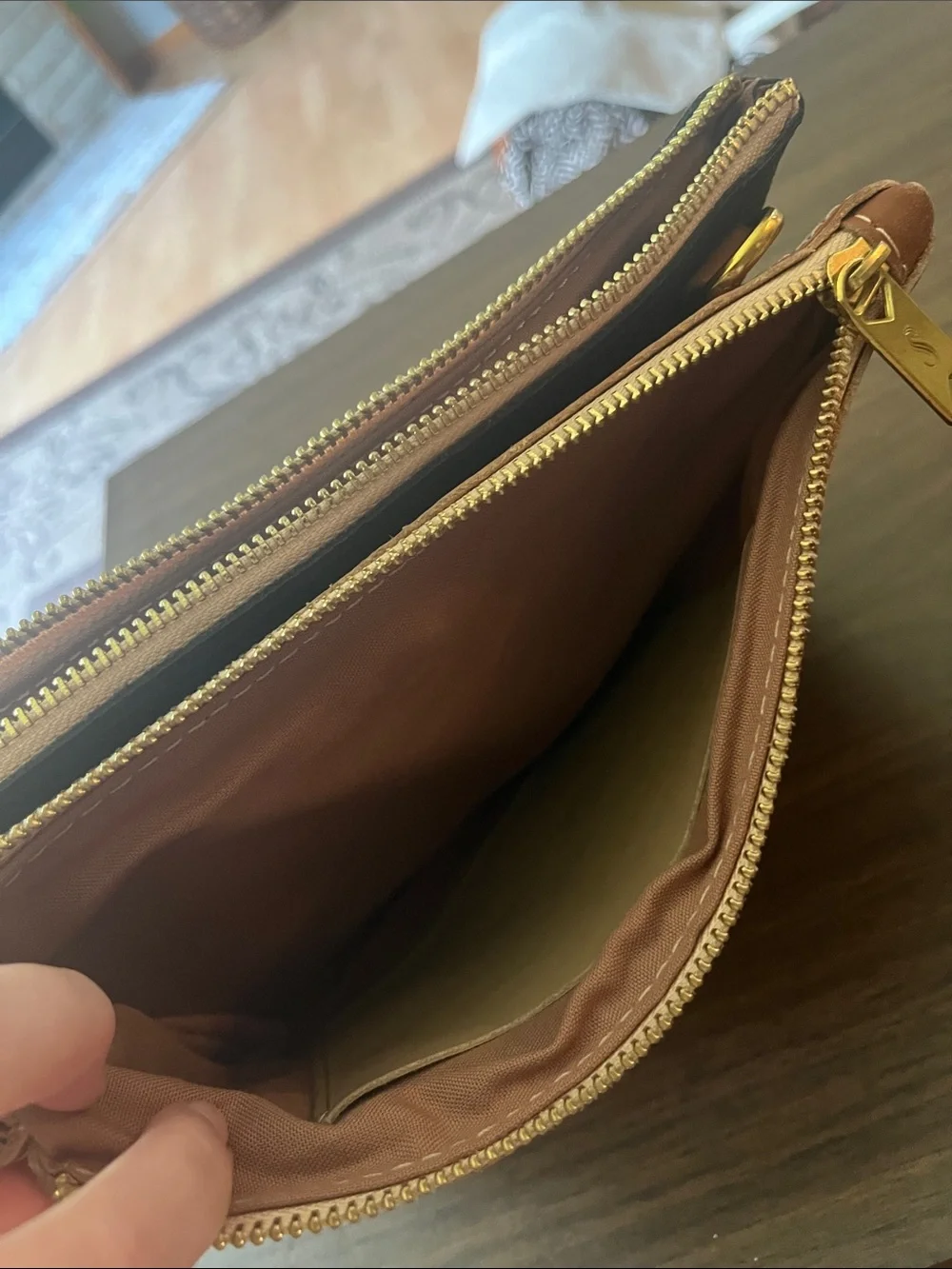 Sseko Black Leather Pouch with Tan Strap and Gold Hardware